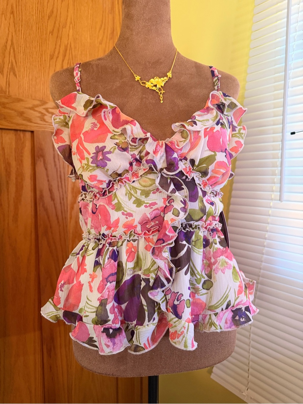Floral Ruffle Peplum Cami Top ONLY- Pink & Green - Size XS